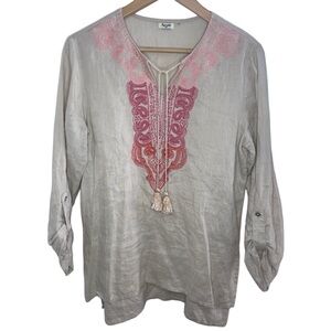 Symple NYC Tunic Blouse 100% LINEN Tan Pink Lightweight Comfy Beach Travel Top